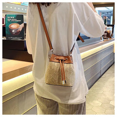 Rattan Bucket Bag Women Shoulder Crossbody Bohemia Summer Beach Straw Handbag