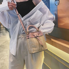 Rattan Bucket Bag Women Shoulder Crossbody Bohemia Summer Beach Straw Handbag