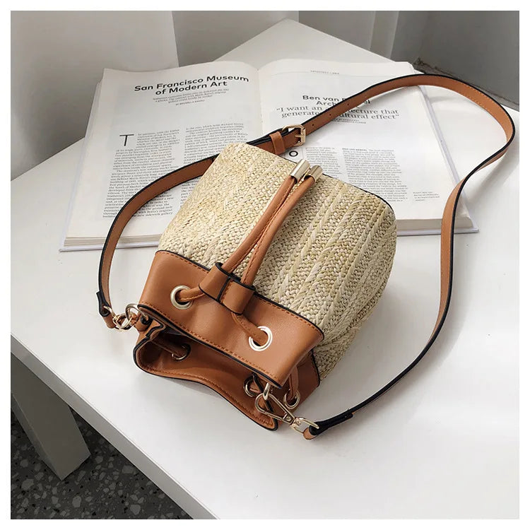 Rattan Bucket Bag Women Shoulder Crossbody Bohemia Summer Beach Straw Handbag