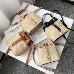 Rattan Bucket Bag Women Shoulder Crossbody Bohemia Summer Beach Straw Handbag