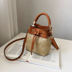 Rattan Bucket Bag Women Shoulder Crossbody Bohemia Summer Beach Straw Handbag