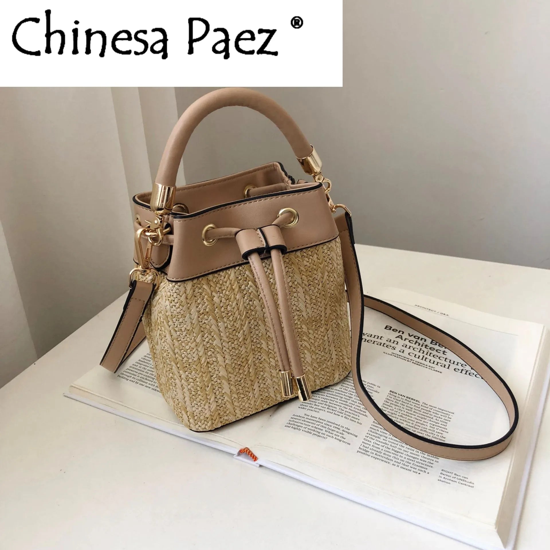 Rattan Bucket Bag Women Shoulder Crossbody Bohemia Summer Beach Straw Handbag