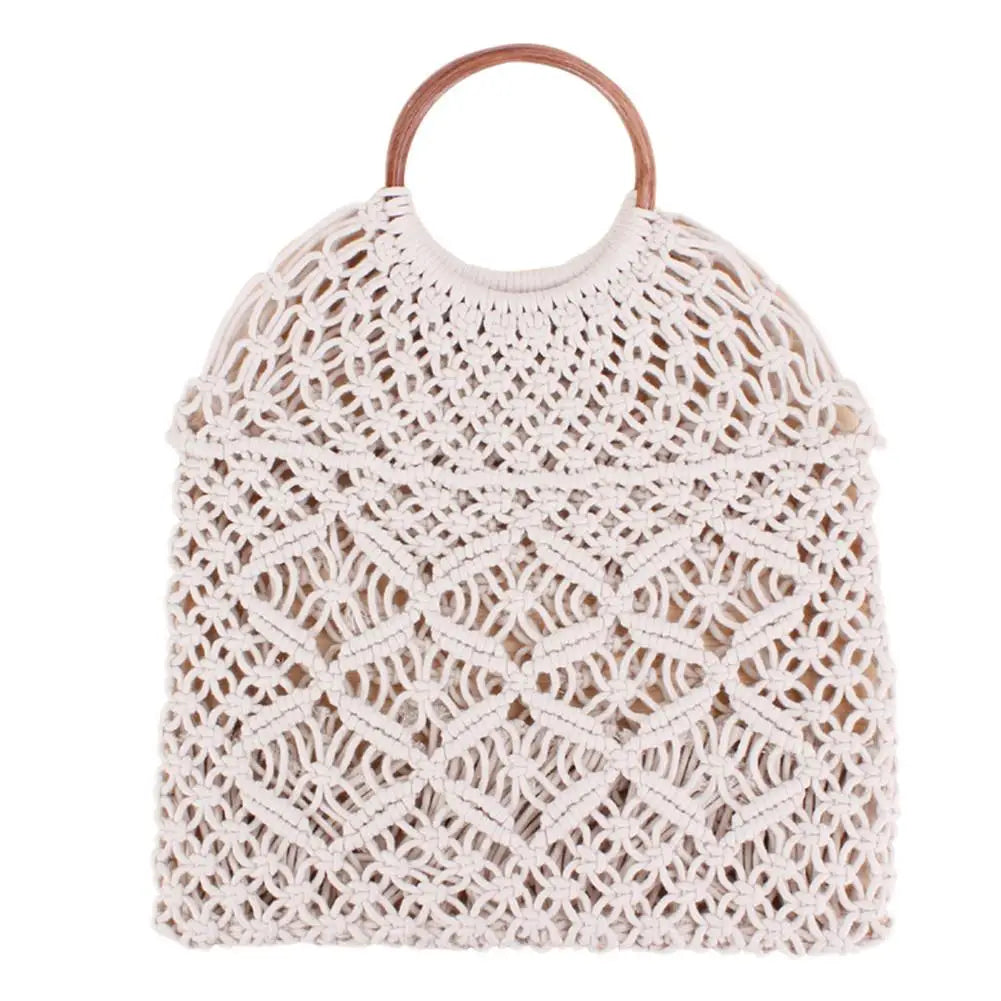 Rattan Cotton Rope Hollow Woven Beach Bag Storage Tote Shoulder Bag