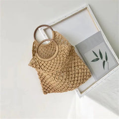 Rattan Cotton Rope Hollow Woven Beach Bag Storage Tote Shoulder Bag