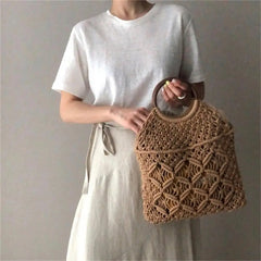 Rattan Cotton Rope Hollow Woven Beach Bag Storage Tote Shoulder Bag