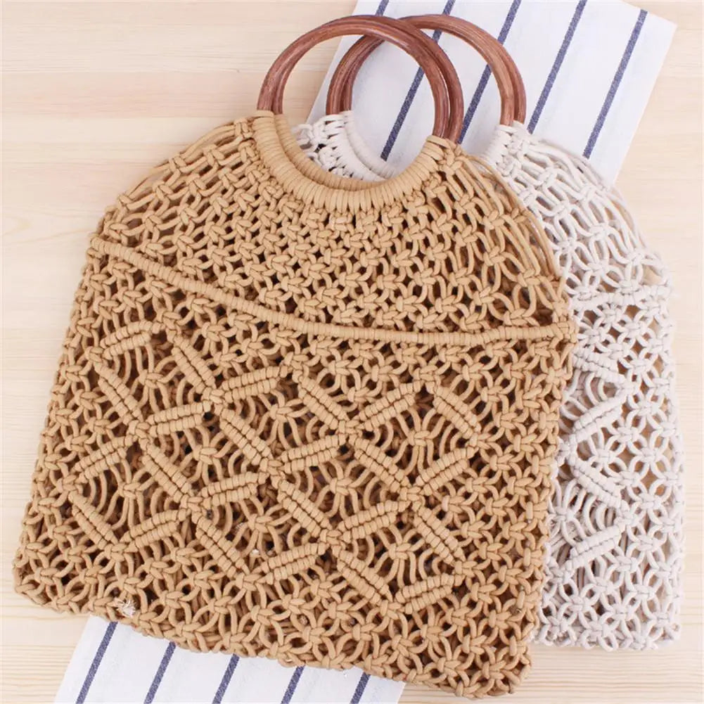 Rattan Cotton Rope Hollow Woven Beach Bag Storage Tote Shoulder Bag