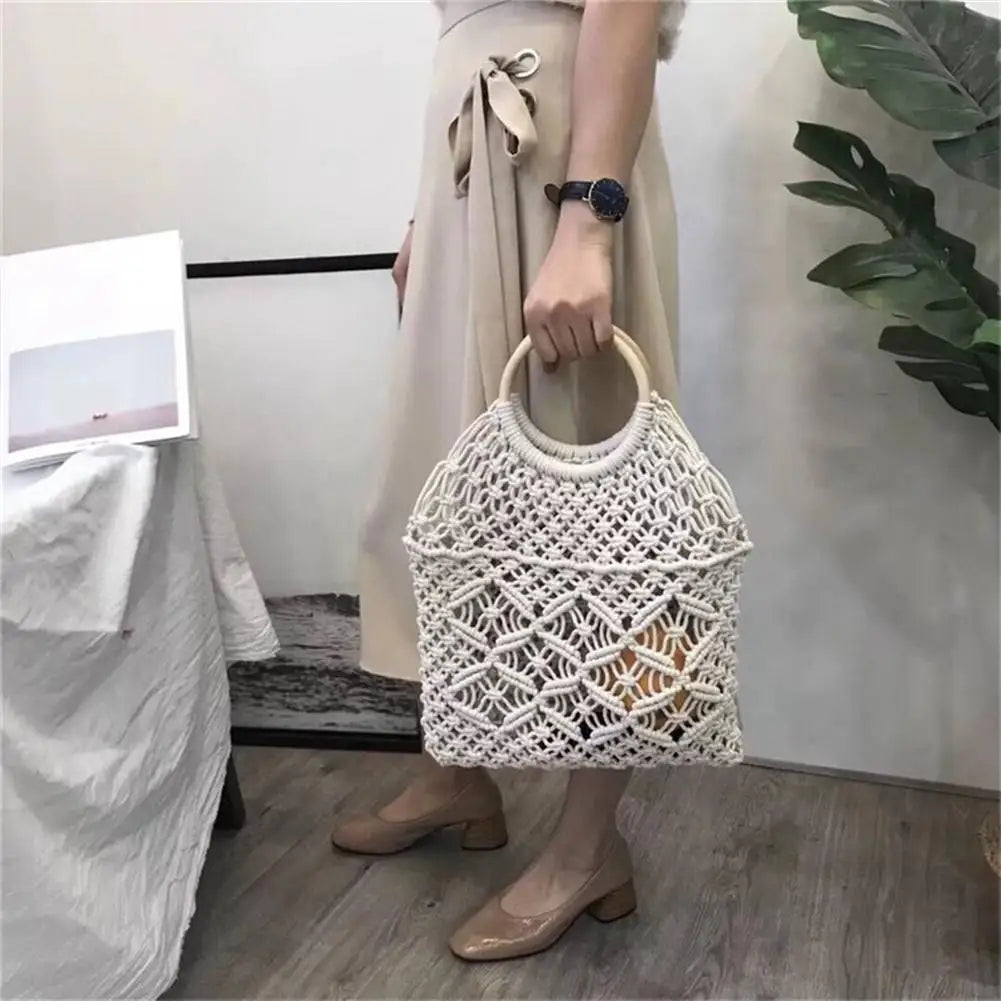 Rattan Cotton Rope Hollow Woven Beach Bag Storage Tote Shoulder Bag