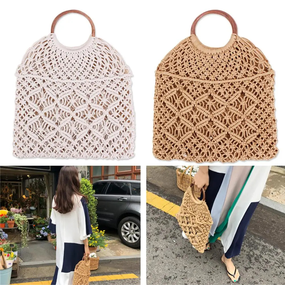 Rattan Cotton Rope Hollow Woven Beach Bag Storage Tote Shoulder Bag