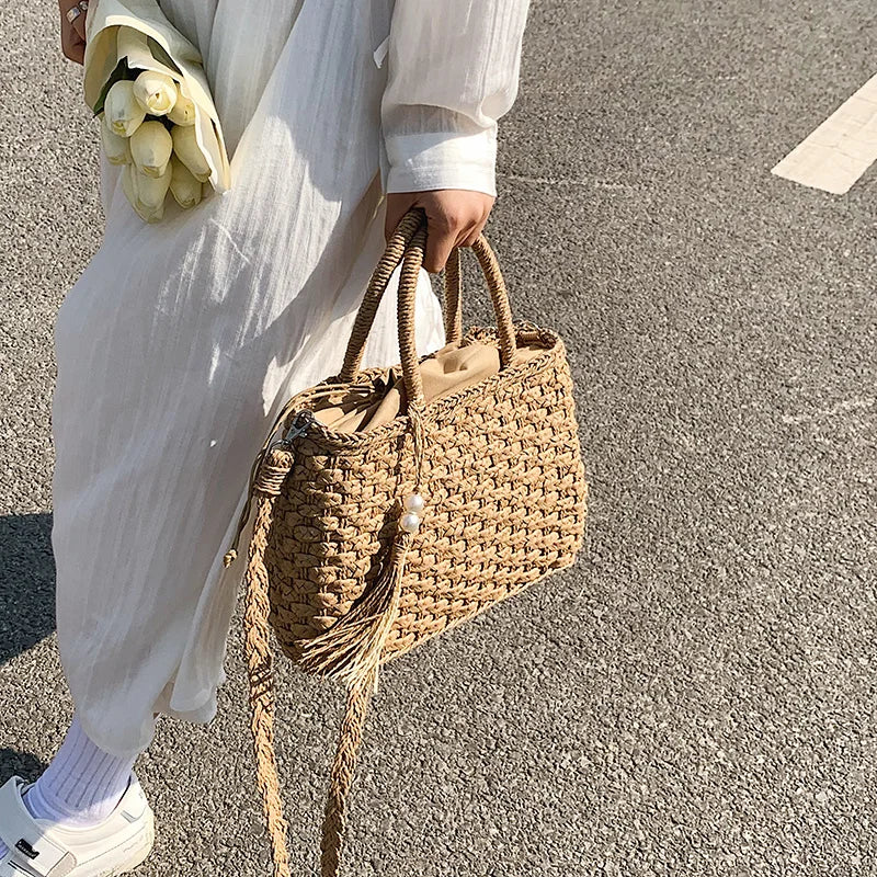 Rattan Straw Handbags Women Retro Straw Tote Bag