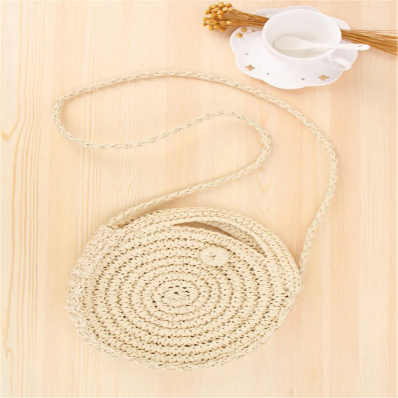 Rattan Woven Round Women Straw Bag Knit Summer Beach Bag Tassel Khaki Beige Bags