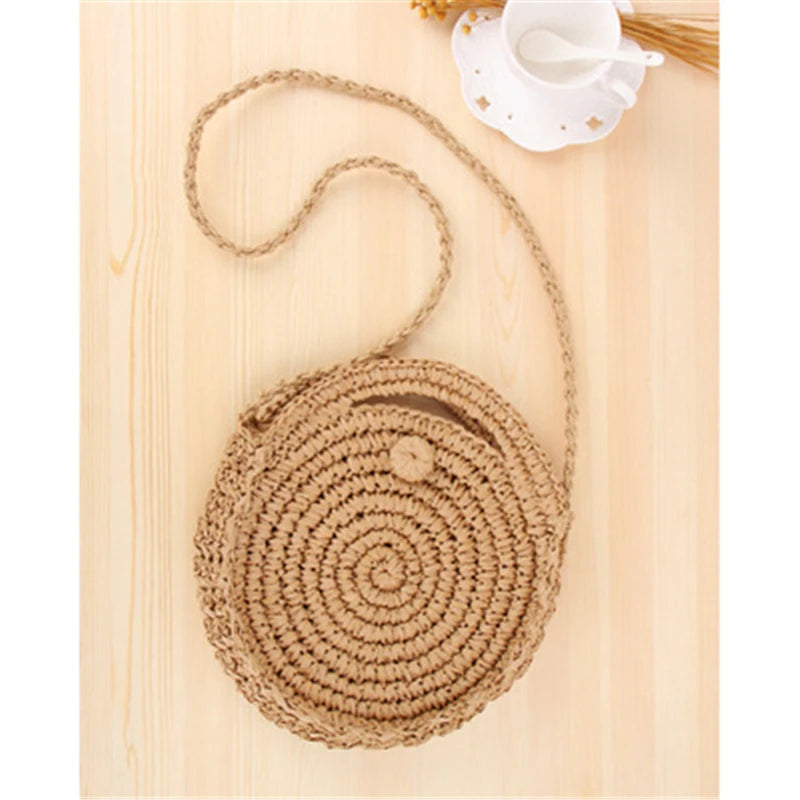 Rattan Woven Round Women Straw Bag Knit Summer Beach Bag Tassel Khaki Beige Bags