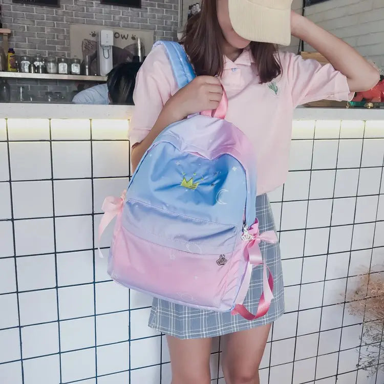Crown Embroidery Nylon Backpack Women Colorful Bow School Bag Girl Big Gradient