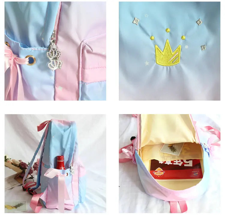 Crown Embroidery Nylon Backpack Women Colorful Bow School Bag Girl Big Gradient