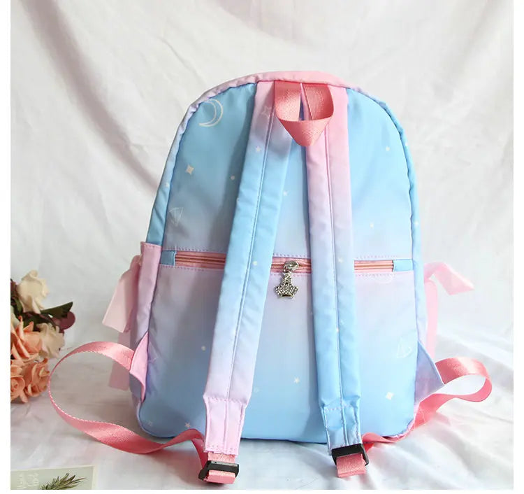 Crown Embroidery Nylon Backpack Women Colorful Bow School Bag Girl Big Gradient