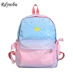 Crown Embroidery Nylon Backpack Women Colorful Bow School Bag Girl Big Gradient
