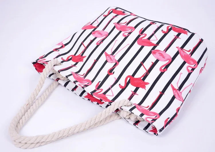 Flamingo Striped Canvas Shoulder Bag Women Casual Beach Handbag