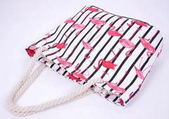 Flamingo Striped Canvas Shoulder Bag Women Casual Beach Handbag