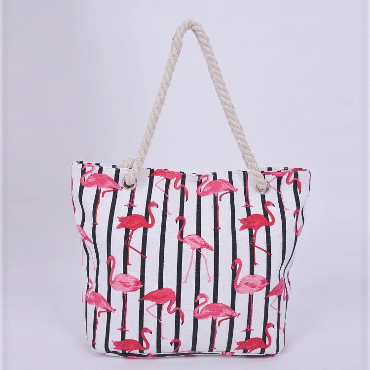 Flamingo Striped Canvas Shoulder Bag Women Casual Beach Handbag