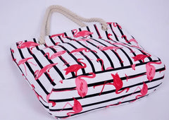 Flamingo Striped Canvas Shoulder Bag Women Casual Beach Handbag