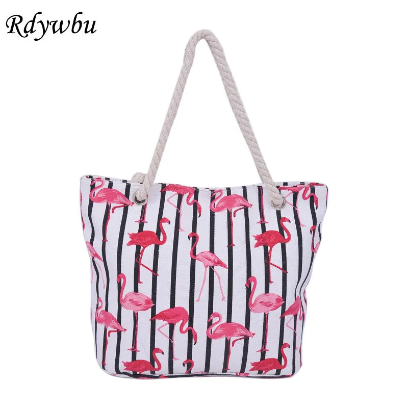 Flamingo Striped Canvas Shoulder Bag Women Casual Beach Handbag
