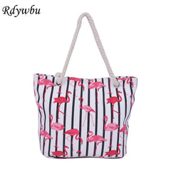 Flamingo Striped Canvas Shoulder Bag Women Casual Beach Handbag