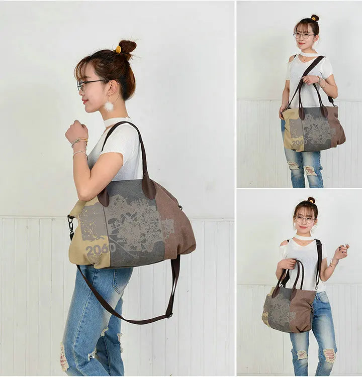 Vintage Patchwork Graffiti Canvas Shoulder Bag Women's Retro Crossbody Tote Hand