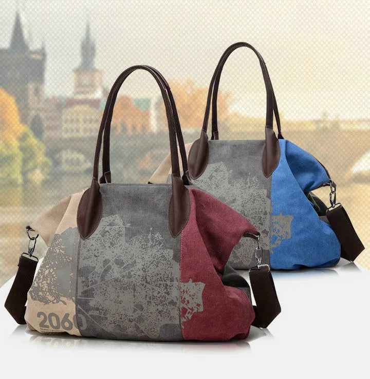 Vintage Patchwork Graffiti Canvas Shoulder Bag Women's Retro Crossbody Tote Hand