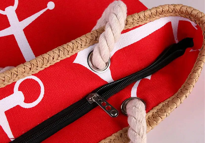 Women Large Capacity Straw Weave Anchor Canvas Beach Tote Bag