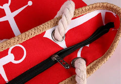 Women Large Capacity Straw Weave Anchor Canvas Beach Tote Bag