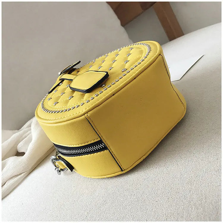 Mini Plaid Round Bag PU Leather Stud Shoulder Handbag Chain Crossbody B189