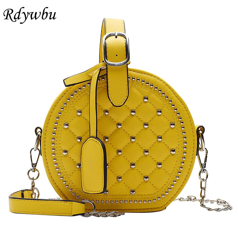 Mini Plaid Round Bag PU Leather Stud Shoulder Handbag Chain Crossbody B189