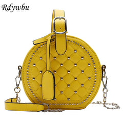 Mini Plaid Round Bag PU Leather Stud Shoulder Handbag Chain Crossbody B189