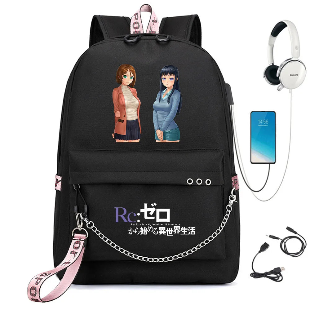 Re:Zero Backpack USB Student Schoolbag Travel Laptop Bag