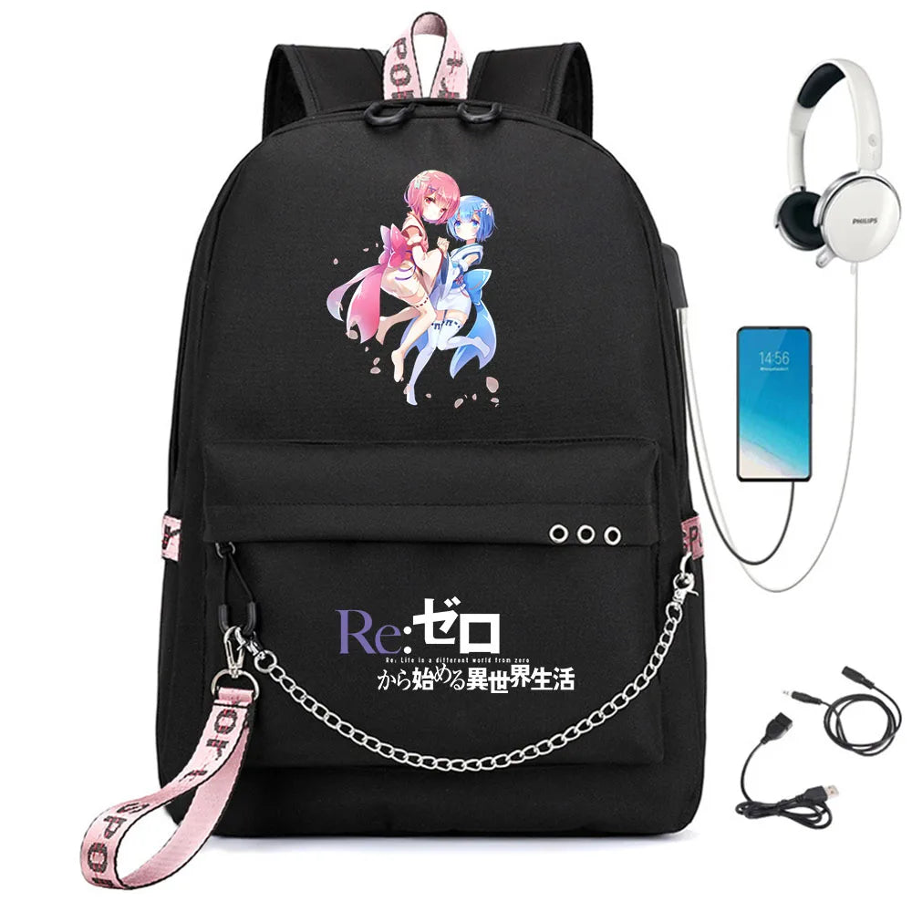 Re:Zero Backpack USB Student Schoolbag Travel Laptop Bag