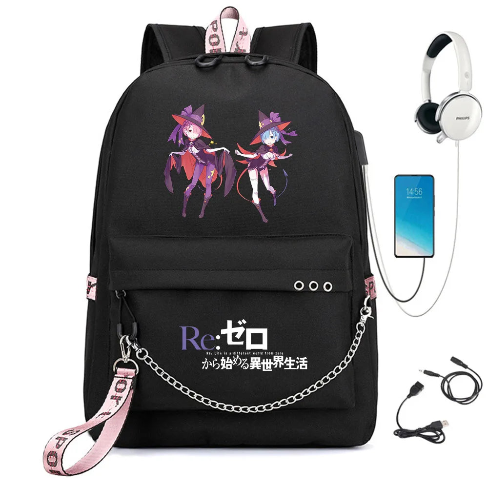 Re:Zero Backpack USB Student Schoolbag Travel Laptop Bag