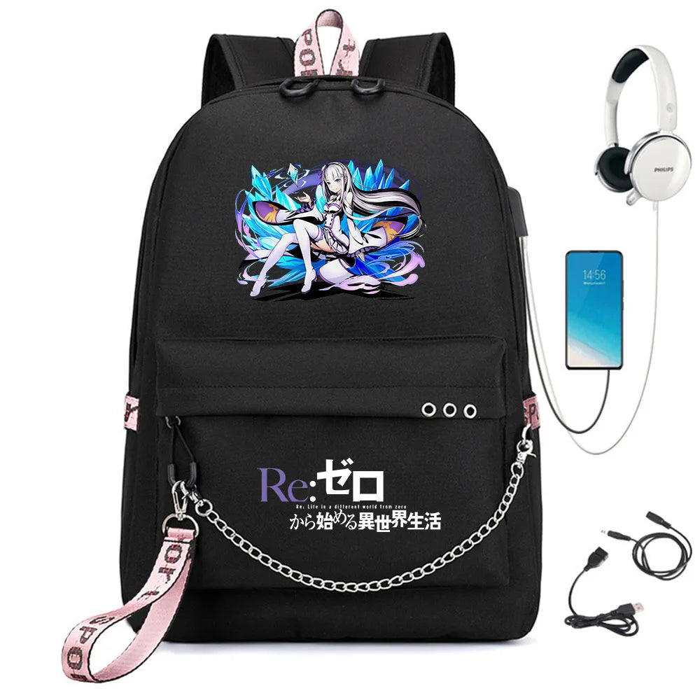 Re:Zero Backpack USB Student Schoolbag Travel Laptop Bag
