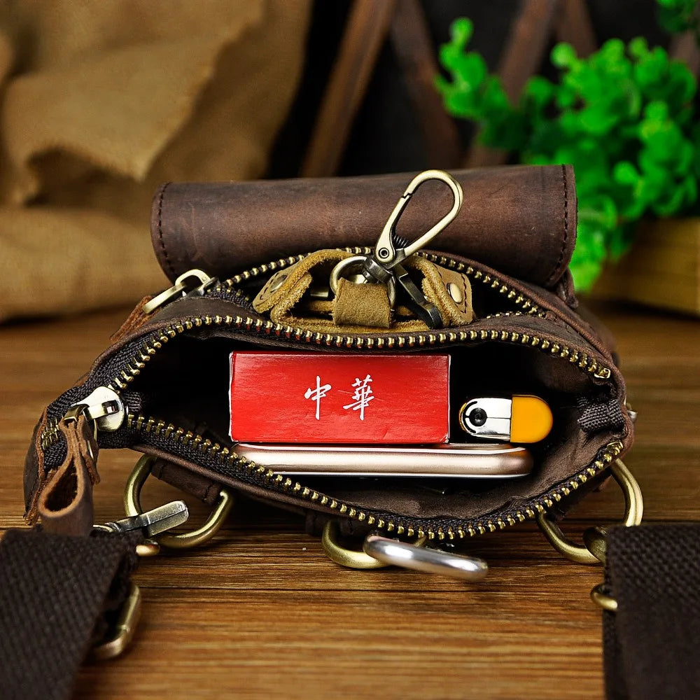 Thick Leather Men Crossbody Waist Bag Cigarette Case