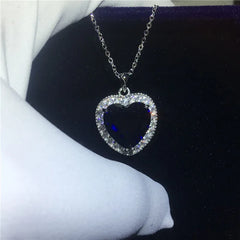 925 Silver Heart of the Ocean Sapphire Pendant Necklace for Women