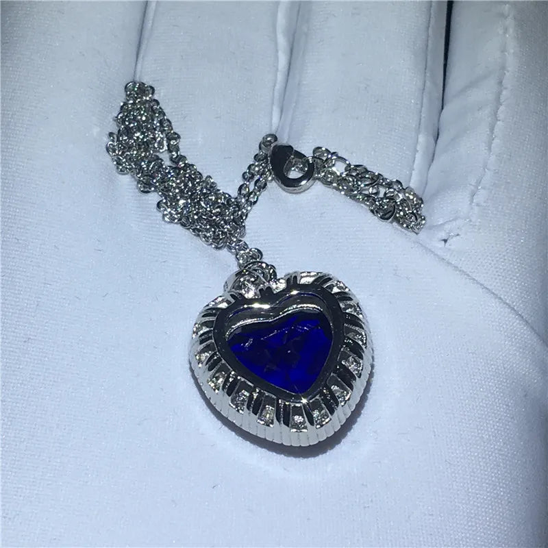 925 Silver Heart of the Ocean Sapphire Pendant Necklace for Women