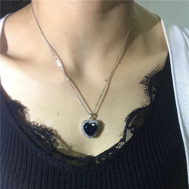 925 Silver Heart of the Ocean Sapphire Pendant Necklace for Women