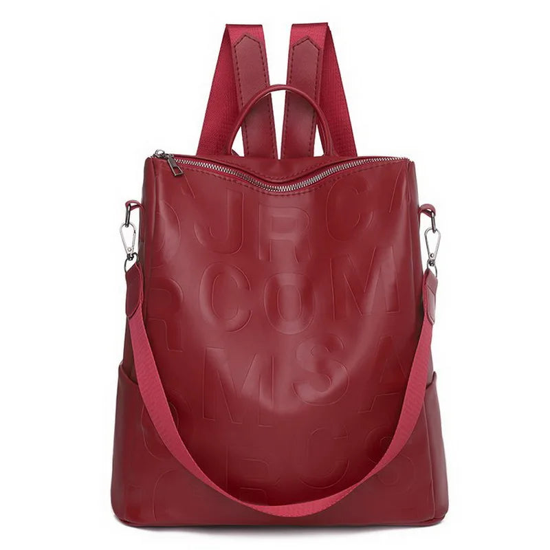 Red Bags For Women Zipper Ladies Backpack PU Leather School Bag