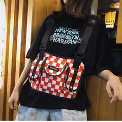 Red Plaid Techwear Vest Bag Backpack Men Women Harajuku Chest Bag