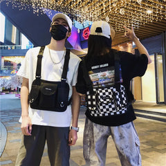 Red Plaid Techwear Vest Bag Backpack Men Women Harajuku Chest Bag