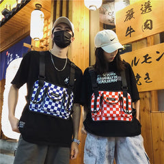 Red Plaid Techwear Vest Bag Backpack Men Women Harajuku Chest Bag