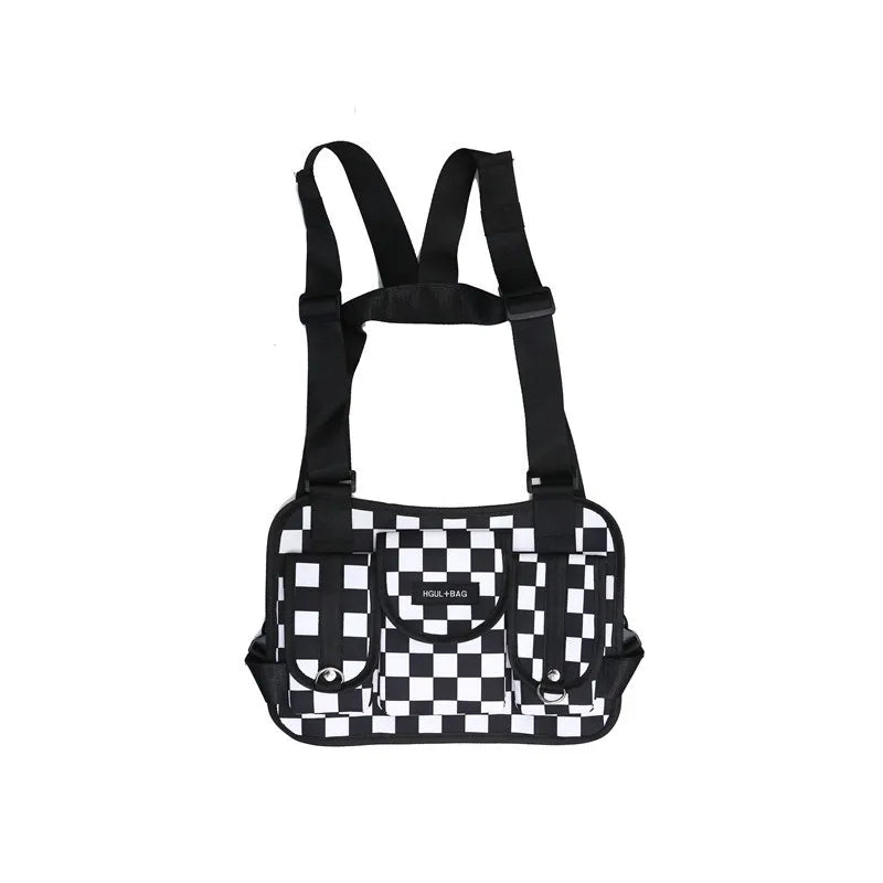 Red Plaid Techwear Vest Bag Backpack Men Women Harajuku Chest Bag