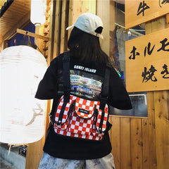 Red Plaid Techwear Vest Bag Backpack Men Women Harajuku Chest Bag