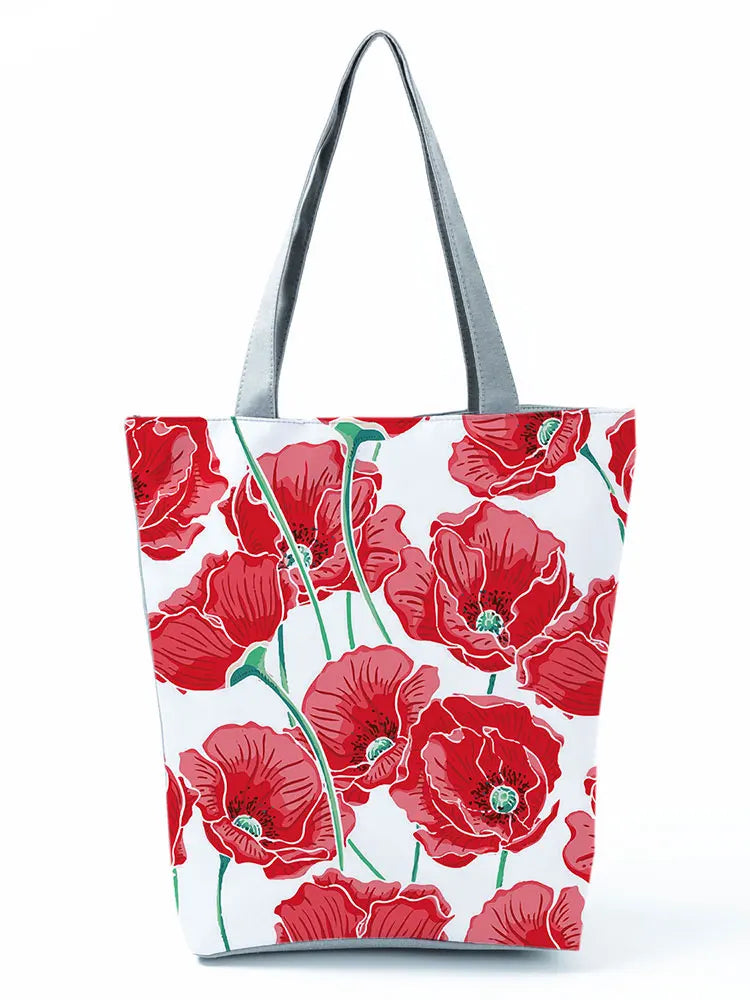 Red Floral Handbags for Women Portable Shoulder Bag Eco Friendly Tote