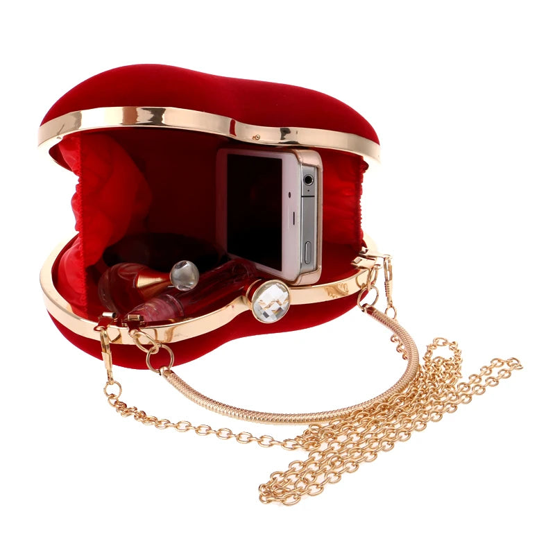 Red Heart Women Clutch Small Diamonds Golden Velvet Evening Bags