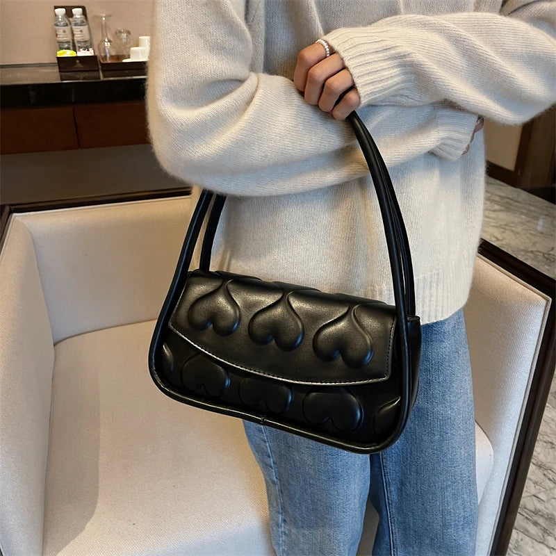 Red Heart Texture Small Square Shoulder Bag Ladies Top Handle Underarm Bag