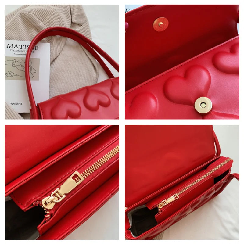 Red Heart Texture Square Shoulder Bag Top Handle Tote Purse